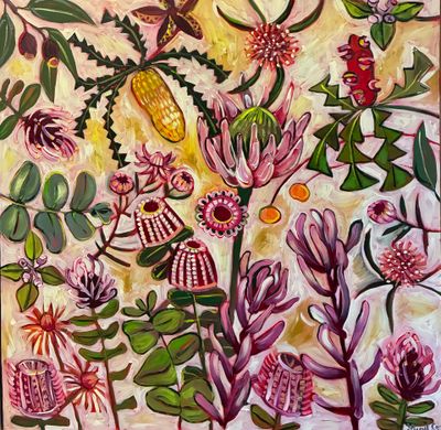 Painting - Floral & Botanical artwork 'Pink and Green' by Lucy Car | The East Coast Arts Trail®