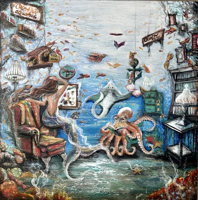 Painting - Animals & Wildlife artwork 'Library of the deep. Original textured painting 1x1m' by inessatreasures | The East Co