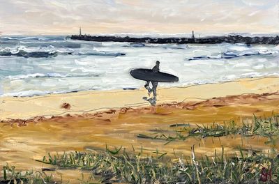 Painting artwork 'Tranquil Coastline with Surfer ' by Geoff Hargraves | The East Coast Arts Trail®