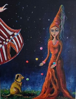 Painting - Acrylic artwork 'Circus Juggler with dog' by Vikadafoxart | The East Coast Arts Trail®