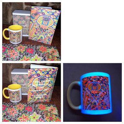 'Peacock spider design wrap around Notebook (A5) & 10-oz Ceramic Mug.' - Art Merchandise by Paulette Girle | Featured on The 
