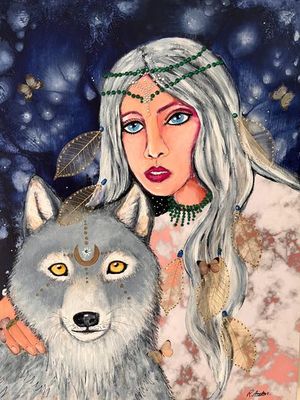 'Winter Goddess with Wolf' - Painting by Rachel Auton | Featured on The East Coast Arts Trail™