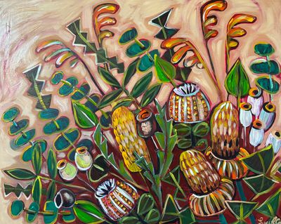 Painting artwork 'Aussie Bouquet on Green and Ochre' by Lucy Car | The East Coast Arts Trail™