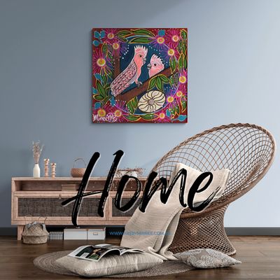 'Pink Galah and Baby Dreaming Framed Canvas Print by Mirree Contemporary Aboriginal Art' - Painting by Art by Mirree | Featur