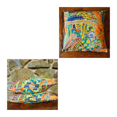 'Lyrebird design printed onto two cotton linen cushion covers. (Inserts not included.) Free original art tote bag included.' 
