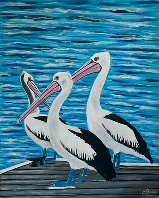 Painting artwork 'Pelicans by the sea  ' by m.o.i.r.a.r.t. | The East Coast Arts Trail®