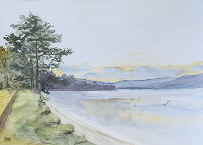Watercolour artwork 'Cornelian Bay morning walk ' by Maria Oakley | The East Coast Arts Trail®