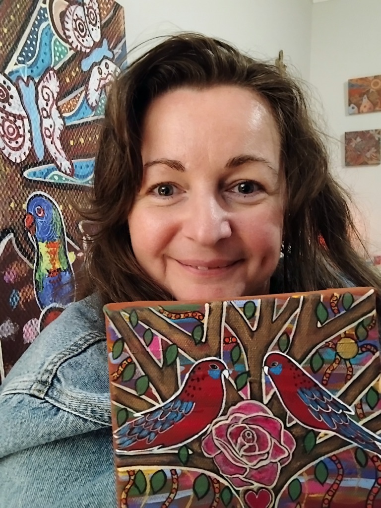 Painting artwork 'CRIMSON ROSELLA ~ HEARTS BLOSSOMING' by Art by Mirree | The East Coast Arts Trail®