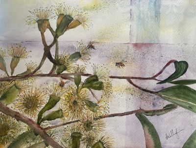 Painting artwork 'Bush Blossom and Bees' by Susan Wellingham | The East Coast Arts Trail™