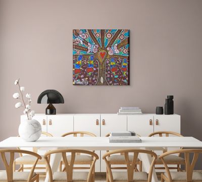''Sacred Family Tree with Rainbow Lorikeet & Butterfly' FRAMED Canvas Print by Mirree Contemporary Aboriginal Art' - Fine Art
