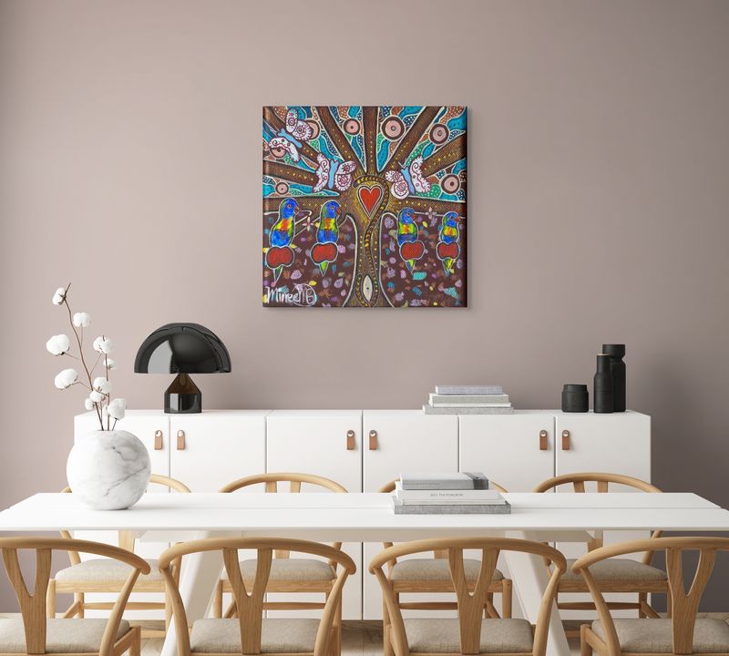 ''Sacred Family Tree with Rainbow Lorikeet & Butterfly' FRAMED Canvas Print by Mirree Contemporary Aboriginal Art' - Fine Art