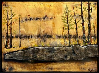 Spray and Acrylic paint, metallic paint, gold leaf, wood burning technique and timber plank on wood panel framed with oak flo