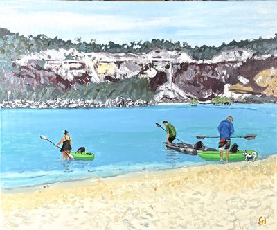 Painting - Coastal artwork 'Coastal Adventure: Kayaking on Tranquil Shores' by Geoff Hargraves | The East Coast Arts Trail®