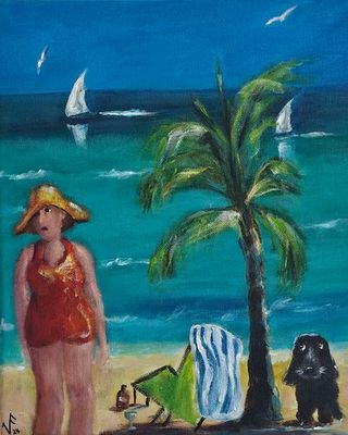 Painting - Coastal artwork 'Linda and Poppy at the Beach' by Vikadafoxart | The East Coast Arts Trail®