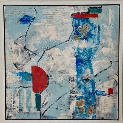 Painting artwork 'TWO BLUES WITH ORANGE AND LINE' by Helen W. Broad | The East Coast Arts Trail®