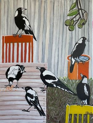 'Magpie party ' - Painting by m.o.i.r.a.r.t. | Featured on The East Coast Arts Trail®