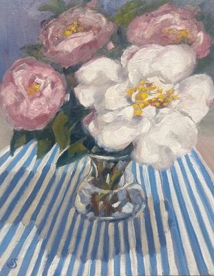 'Camellias on Blue' - Painting by Sharon Smith | Featured on The East Coast Arts Trail®