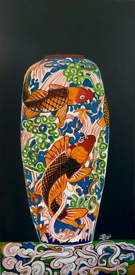 Painting - Acrylic artwork 'Ceramic vase with swimming fish ' by m.o.i.r.a.r.t. | The East Coast Arts Trail®