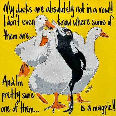 Painting artwork 'Ducks in a row Yellow Magpie' by Deborah Lang | The East Coast Arts Trail®