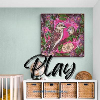 Fine Art Prints artwork 'KOOKABURRA AND BABY DREAMING Framed Canvas Print by Mirree Contemporary Aboriginal Art' by Art by Mi