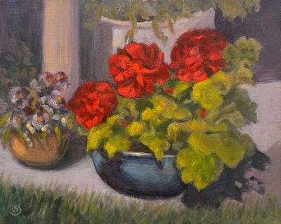 Painting artwork 'Big Red - Geranium in Pot' by Sharon Smith | The East Coast Arts Trail®