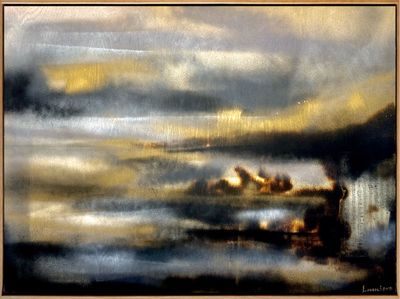Original Spray and Acrylic paint, metallic paint, ink, paper and wood burning technique on wood panel framed with oak floatin