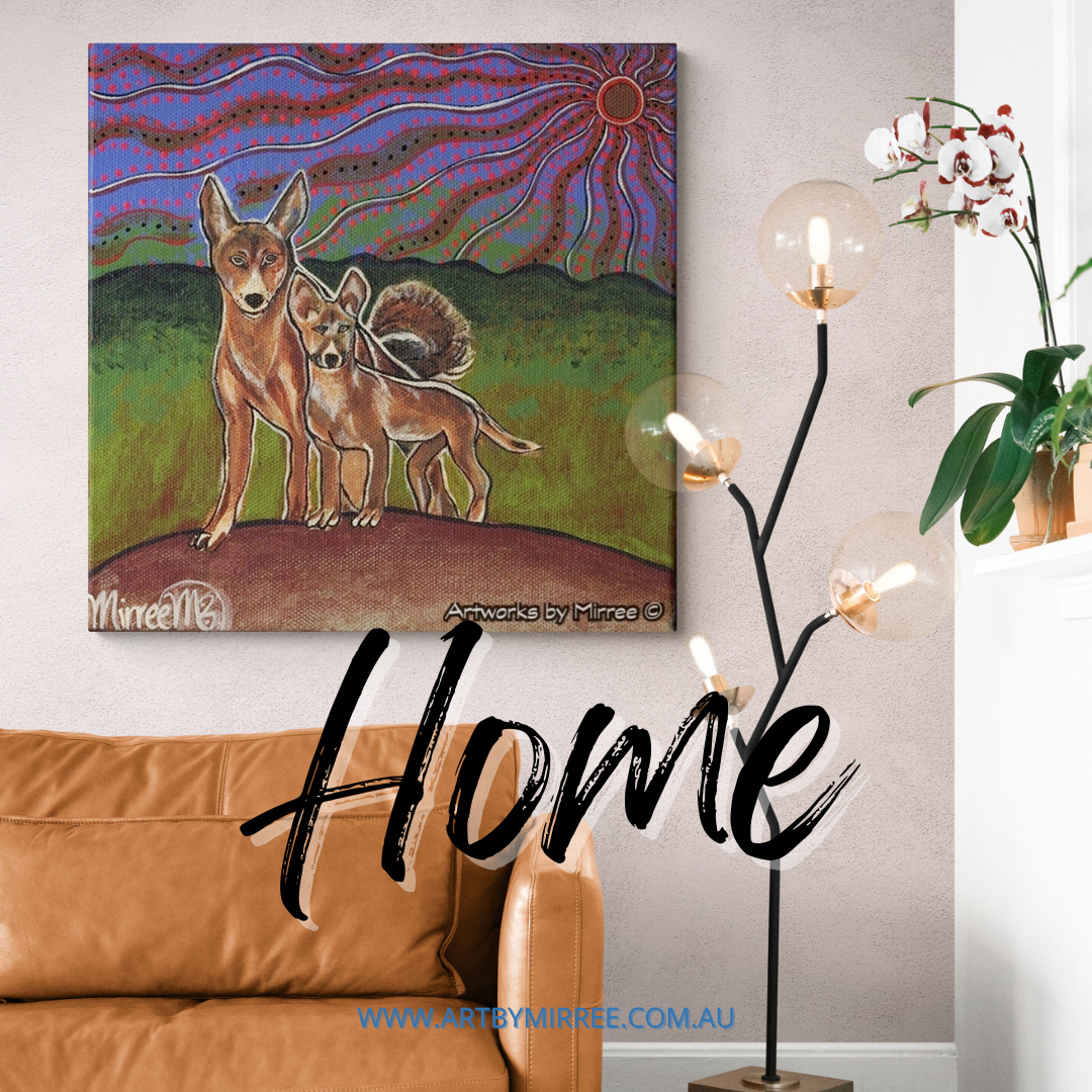 Fine Art Prints artwork 'Australian Mother and Baby Dingo Framed Canvas Print by Mirree Contemporary Aboriginal Art' by Art b