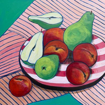 'Peach and pear picnic with stripes' - Painting - Still Life by Daniella D’Cruz | Featured on The East Coast Arts Trail®
